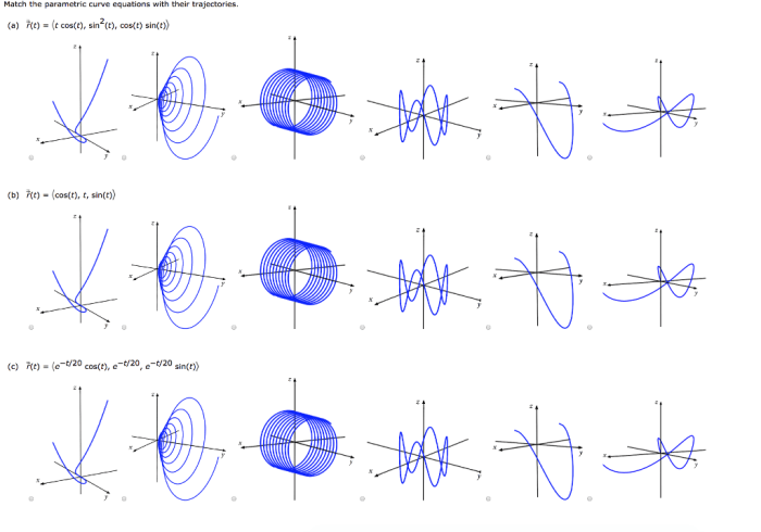 Match the parametric curve equations with their trajectories